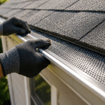 Close-up of hands installing gutter guard system on residential gutter in Texas