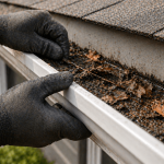 Close-up of hands inspecting and cleaning a clogged gutter during gutter inspection and assessment in Texas