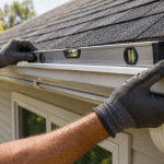 Close-up of hands repairing a bent and damaged gutter after a storm on a residential home in Texas