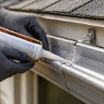 Close-up of a professional repairing a damaged residential gutter system on a Texas home