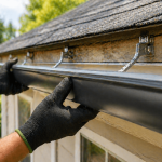 Close-up of hands installing a new residential gutter system during gutter replacement in Texas