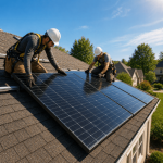 Professional solar panel installation on residential roof with mounted panels and roofing system in Texas