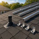 Roof inspection and preparation with solar mounting brackets and rails installed on residential shingle roof