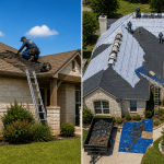 roof repair vs roof replacement comparison Texas home with aerial roof replacement project