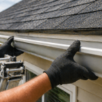 Close-up of hands installing seamless gutter system along residential roofline in Texas