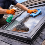 Roofer cleaning skylight glass with spray and cloth on residential roof to remove dirt and debris
