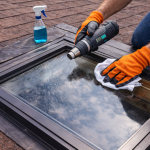 Roofer removing condensation from skylight glass using cloth and heat tool