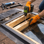 Roofer repairing skylight frame on residential roof