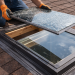 close up of skylight glass replacement with cracked pane being removed on residential roof