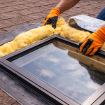 Roofer adding insulation around skylight frame on roof