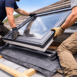 Two roofers installing a skylight on a residential roof with faces not visible