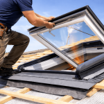 Professional roofer installing skylight ventilation system on residential roof with proper sealing and flashing