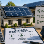 solar financing and incentive assistance setup with solar home model calculator savings jar and financing documents