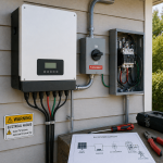 Solar inverter and electrical system setup with disconnect switch and wiring installed on residential home exterior