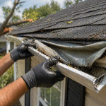 Close-up of hands repairing a bent and damaged gutter after a storm on a residential home in Texas