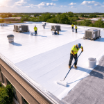 aerial view of contractors applying acrylic roof coating on a flat commercial roof with rollers and coating buckets
