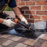 Roofing contractor repairing chimney flashing to stop roof leaks in Texas home