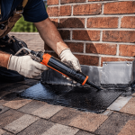 Roofing contractor repairing chimney flashing to stop roof leaks in Texas home