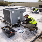 roofing technicians performing preventative maintenance on a commercial flat roof with HVAC units