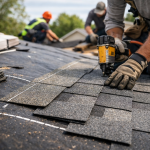 Close-up of roof replacement showing contractors installing asphalt shingles with roofing tools on a residential home
