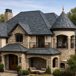 DaVinci synthetic slate roofing system installed on a luxury home with stone exterior and architectural design