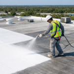 Contractor applying elastomeric roof coating on a flat commercial roof to create a waterproof protective layer