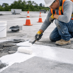 Contractor applying emergency roof coating repair on a damaged flat commercial roof using a roller to seal leaks and prevent further water intrusion