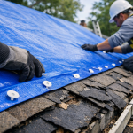 roofers installing blue tarp on damaged shingle roof for emergency leak protection