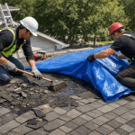 roofers preparing damaged roof for emergency tarping with blue tarp after storm damage