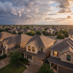 Aerial drone view of secure Texas neighborhood roofs under clearing post-storm clouds