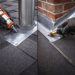 close up of roof flashing and penetration sealing around vent pipe and chimney to prevent leaks