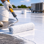 Contractor applying protective coating on a flat commercial roof surface