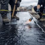 Close-up of a roofer applying waterproof coating during flat roof repair and restoration on a commercial building