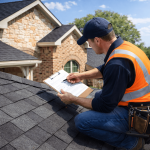 Professional roof inspection in Texas with contractor reviewing shingles and preparing a comprehensive roof replacement estimate