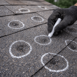 Roofer marking hail damage on asphalt shingles with chalk during a roof inspection in Texas