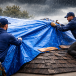 Professional roofers installing a blue emergency tarp on a storm-damaged roof during heavy rain in Texas