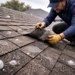 Roofing professional inspecting hail damage on asphalt shingles with visible dents and granule loss in Texas