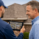 Homeowner reviewing roof inspection results on a tablet with a roofing professional during a free roof estimate in Texas
