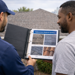 Male homeowner reviewing roofing material options inside a marketing binder during a free roof estimate consultation in Texas