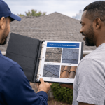 Male homeowner reviewing roofing material options inside a marketing binder during a free roof estimate consultation in Texas