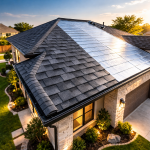 luxury home with energy-efficient roofing system featuring reflective metal panels and premium shingles in Texas sunlight