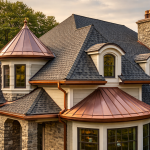 custom roof architectural enhancements with copper accents, dormers, and designer shingles on luxury home