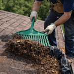 Roofing contractor removing leaves and debris from asphalt shingle roof to prevent damage