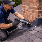 Roof flashing repair around a chimney and vent by a professional roofer in Texas