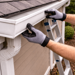 Roof gutter replacement on a residential home with ladder positioned against exterior wall