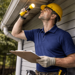 Homeowner inspecting a residential roof from the ground to document roof condition for insurance purposes