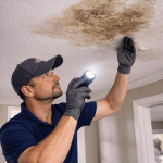 Roof leak detection showing a contractor inspecting water stains on a ceiling inside a Texas home
