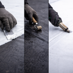 close-up of roof repair showing damaged shingles being replaced and leak repair work on residential roof