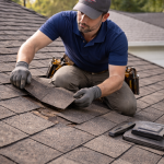Professional roofer repairing asphalt shingle roof during routine maintenance in Texas