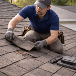 Professional roofer repairing asphalt shingle roof during routine maintenance in Texas